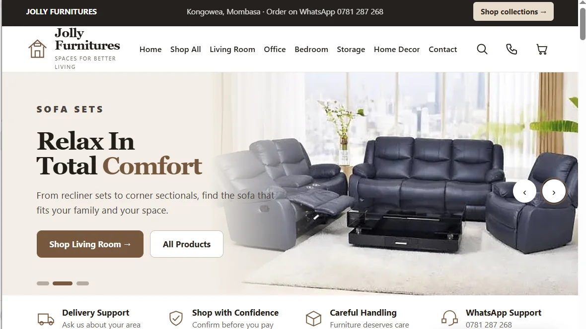 Jolly Furnitures homepage showing a recliner sofa set