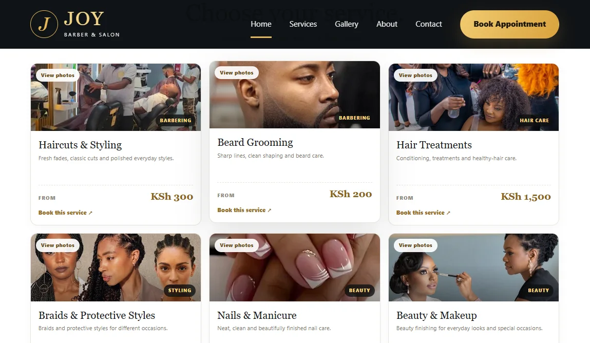 Joy Barber & Salon services page
