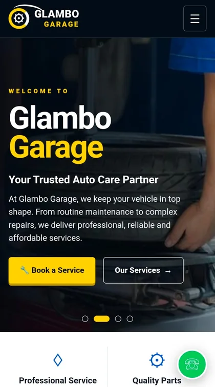 Glambo Garage homepage on a phone