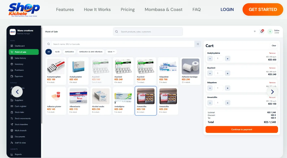 ShopKichele point-of-sale app showing products and a cart